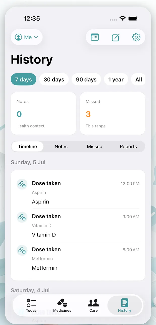 Care Dose History screen showing a seven-day dose timeline and report controls.